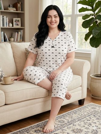 Büyük Beden Kısa Kollu Yumuşak Tuşeli Likralı Kapri Pijama Takımı