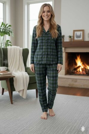 Kadın Boydan Düğmeli Ekose Pijama Takım