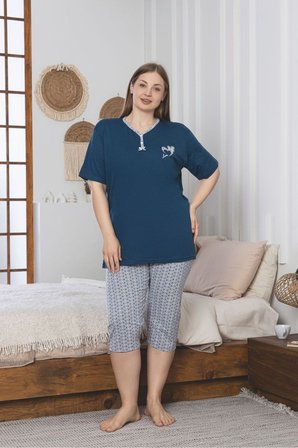 Büyük Beden Likralı Pamuklu Kapri Pijama Takım