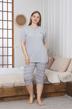 Büyük Beden Likralı Pamuklu Kapri Pijama Takım