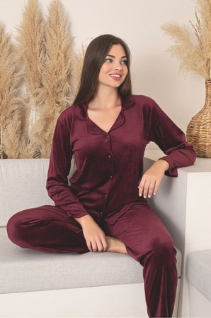 Kırmızı Renk Boydan Düğmeli Kadın Kadife Pijama Takımı