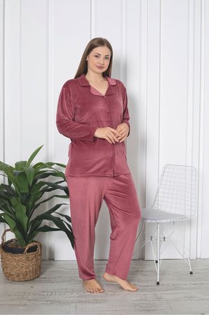 Büyük Beden Boydan Düğmeli Kadife Pijama Takımı