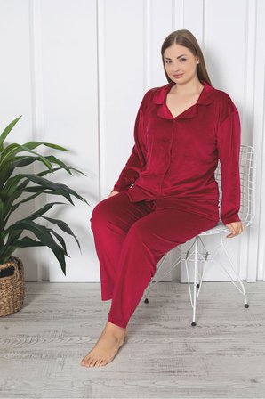 Büyük Beden Boydan Düğmeli Kadife Pijama Takımı