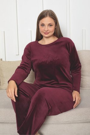 Büyük Beden Kırmızı Likralı Soft Kadife Pijama Takımı