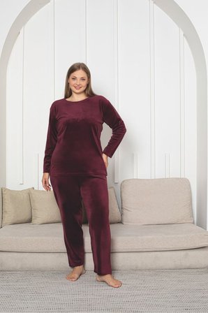 Büyük Beden Kırmızı Likralı Soft Kadife Pijama Takımı