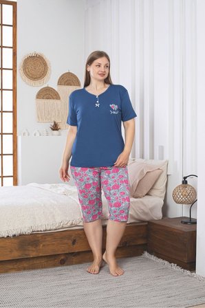 Büyük Beden Likralı Penye Kumaş Kapri Pijama Takım