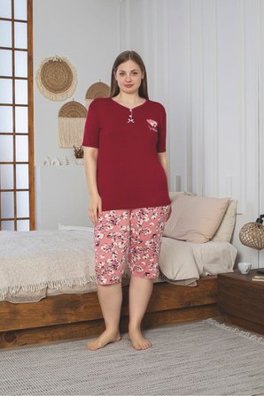 Büyük Beden Likralı Penye Kumaş Kapri Pijama Takım