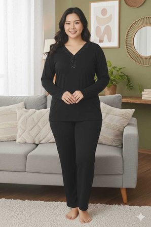 Büyük Beden Penye Likralı  Pijama Takımı