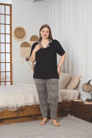 Boydan Düğmeli Büyük Beden Likralı Bambu Pijama Takımı