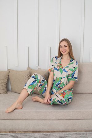 Kadın Dokuma Belmando Kısa Kol Uzun Pantalon Cepli Pijama Takımı