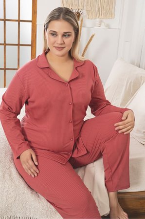 Büyük Beden Boydan Düğmeli Kaşkorse Kumaş Pijama Takımı