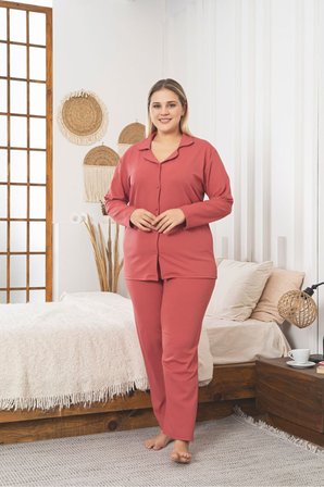 Büyük Beden Boydan Düğmeli Kaşkorse Kumaş Pijama Takımı