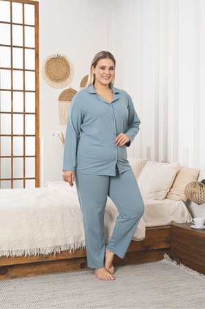 Büyük Beden Boydan Düğmeli Kaşkorse Kumaş Pijama Takımı