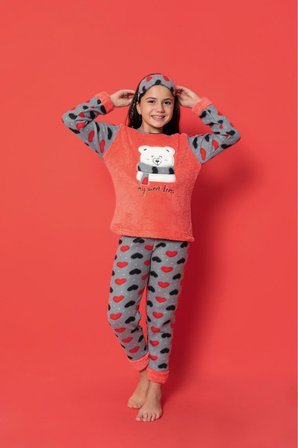 Kalp Desen Polar Kumaş Çocuk Pijama Takımı