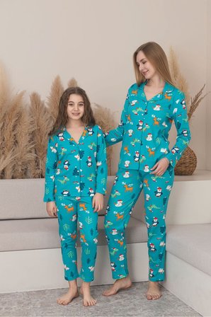Anne Kız Kombin Penye Boydan Düğmeli Pijama Takımı (Anne- Kız Ayrı Satılmaktadır.)