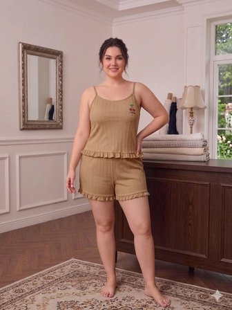Büyük Beden Askılı Şortlu Likralı Pamuklu Kumaş Pijama Takım