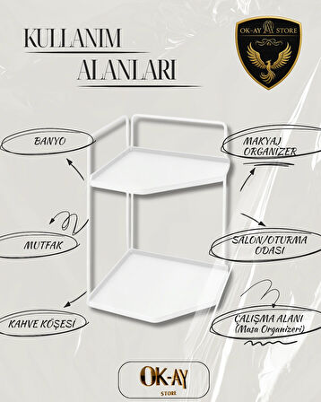 Dekoratif 2 Katlı Raf | Çok Amaçlı Organizer Paslanmaz Çelik & Ahşap Stand – Salon, Mutfak, Banyo, Çalışma Alanı İçin