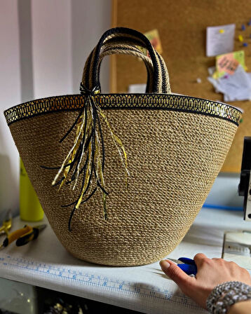 Hasır Çanta, Plaj Çantası, Tasarım Çanta, Siyah Gold Şeritli El Çantası