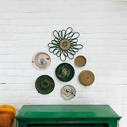 7'li Dekoratif Hasır Duvar Tabağı, Bohem Duvar Tabağı, Afrikan Duvar Tabağı, Duvar Dekoru