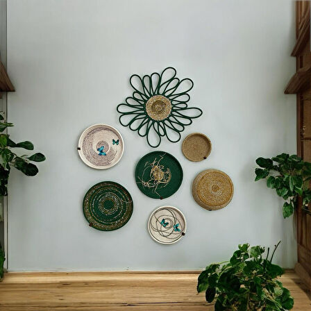 7'li Dekoratif Hasır Duvar Tabağı, Bohem Duvar Tabağı, Afrikan Duvar Tabağı, Duvar Dekoru