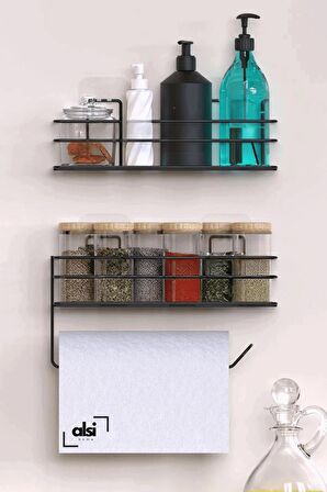 Yapışkanlı Pratik Şampuanlık 2li Metal Kağıt Havluluk Siyah Stantlı Şık Banyo Rafı