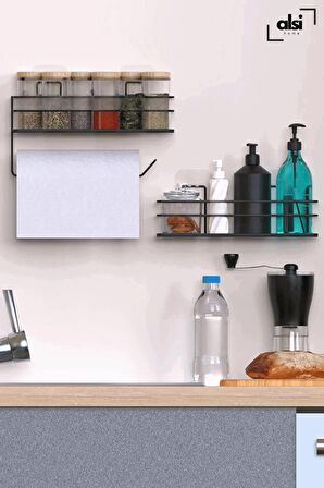 Yapışkanlı Pratik Şampuanlık 2li Metal Kağıt Havluluk Siyah Stantlı Şık Banyo Rafı