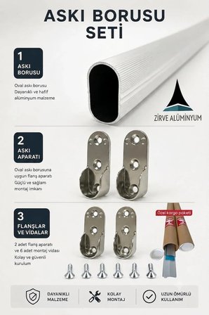 Oval Alüminyum Dolap İçi Askı Borusu 150 Cm 2 Adet Flanş Vidaları