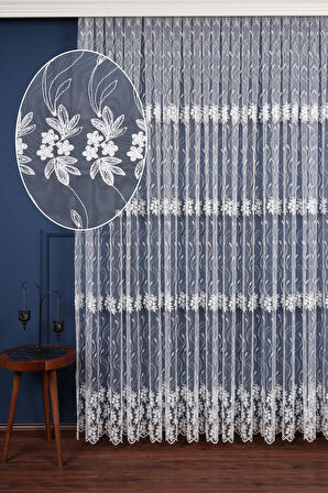 Brode Işlemeli Sarmaşık Desen Tül Perde (1/3 Sık Pile)
