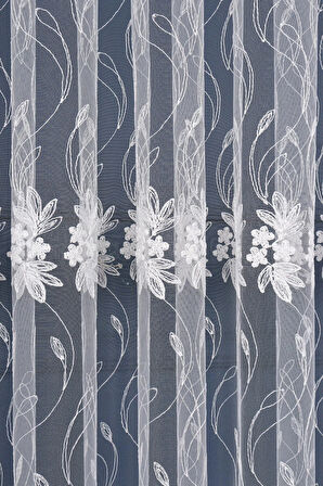 Brode Işlemeli Sarmaşık Desen Tül Perde (1/3 Sık Pile)