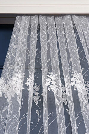 Brode Işlemeli Sarmaşık Desen Tül Perde (1/3 Sık Pile)