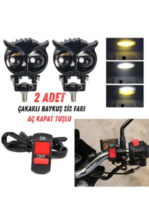 2 Adet Baykuş Sis Farı Sarı-Beyaz Motosiklet Sis Farı Otomobil Atv Utv Off Road Aç Kapat Tuşlu