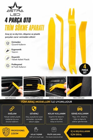 4 Parça Oto Trim Sökme Aparatı – Teyp, Kapı Döşemesi ve Plastik Aksam Sökme Seti Universal Sarı