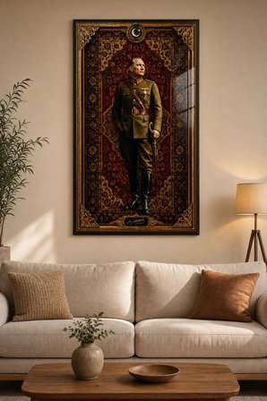 Atatürk Portre Baskılı Cam Tablo – Osmanlı Motifli UV Baskı Duvar Dekoru