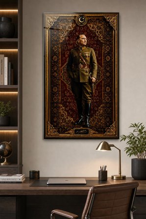 Atatürk Portre Baskılı Cam Tablo – Osmanlı Motifli UV Baskı Duvar Dekoru