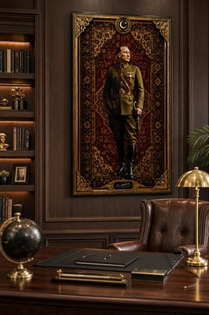 Atatürk Portre Baskılı Cam Tablo – Osmanlı Motifli UV Baskı Duvar Dekoru