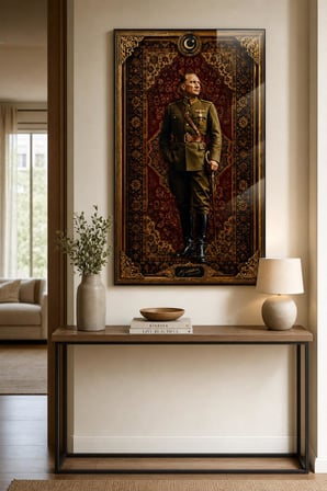 Atatürk Portre Baskılı Cam Tablo – Osmanlı Motifli UV Baskı Duvar Dekoru