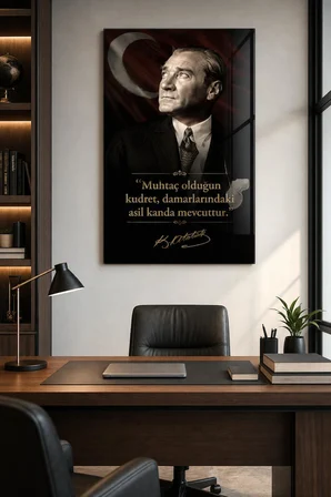 Atatürk Sözlü Baskılı Cam Tablo – Türk Bayrağı UV Baskı Dekoratif Duvar Tablosu
