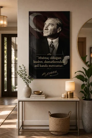 Atatürk Sözlü Baskılı Cam Tablo – Türk Bayrağı UV Baskı Dekoratif Duvar Tablosu