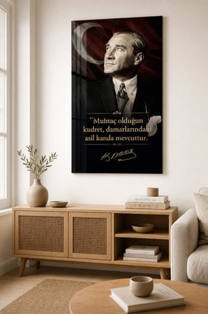 Atatürk Sözlü Baskılı Cam Tablo – Türk Bayrağı UV Baskı Dekoratif Duvar Tablosu