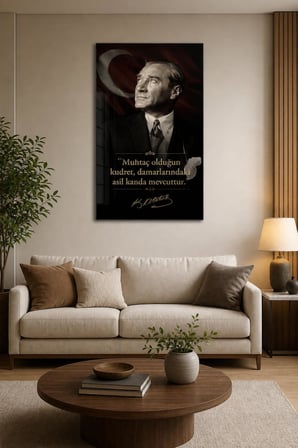 Atatürk Sözlü Baskılı Cam Tablo – Türk Bayrağı UV Baskı Dekoratif Duvar Tablosu