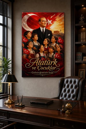 Atatürk ve Çocuklar Baskılı Cam Tablo – Türk Bayrağı UV Baskı Duvar Dekoru