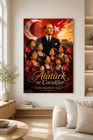 Atatürk ve Çocuklar Baskılı Cam Tablo – Türk Bayrağı UV Baskı Duvar Dekoru