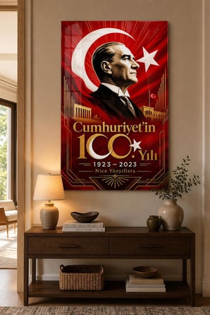 Atatürk ve Cumhuriyet 100. Yıl Baskılı Cam Tablo – UV Baskı Türk Bayrağı Dekoru