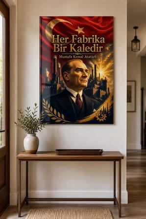 Atatürk Her Fabrika Bir Kaledir Baskılı Cam Tablo – Türk Bayrağı Dekoratif