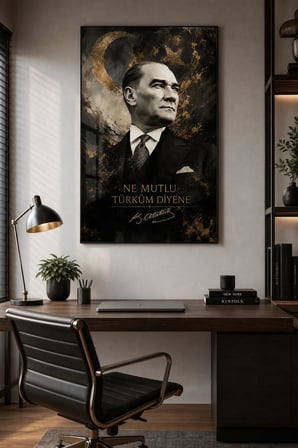 Atatürk Portreli Baskılı Cam Tablo – Türk Bayrağı Temalı UV Baskı Duvar Tablosu