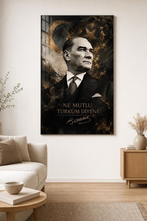 Atatürk Portreli Baskılı Cam Tablo – Türk Bayrağı Temalı UV Baskı Duvar Tablosu