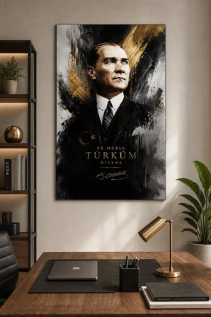 Atatürk Portre Baskılı Cam Tablo – Ne Mutlu Türküm Diyene UV Baskı Duvar Tablosu