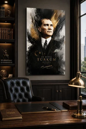 Atatürk Portre Baskılı Cam Tablo – Ne Mutlu Türküm Diyene UV Baskı Duvar Tablosu