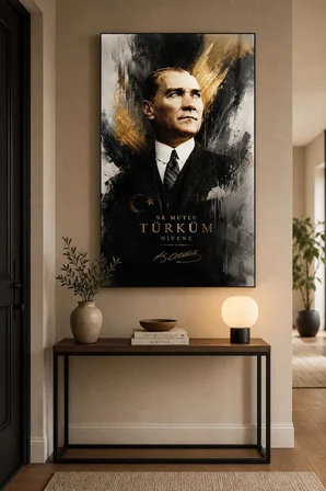 Atatürk Portre Baskılı Cam Tablo – Ne Mutlu Türküm Diyene UV Baskı Duvar Tablosu