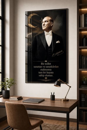 Atatürk Portreli Baskılı Cam Tablo – Türk Bayrağı ve Özlü Sözlü Duvar Dekoru